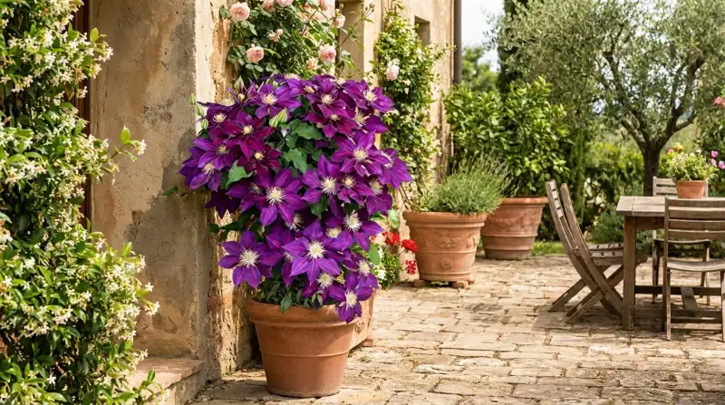 Terrazzo rigoglioso con vasi grandi da esterno
